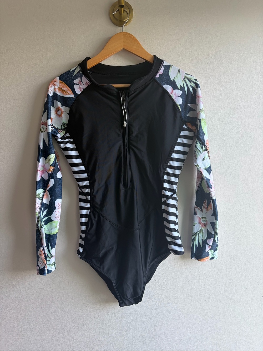 Long Sleeve Black Floral-Accent One-Piece Swimsuit